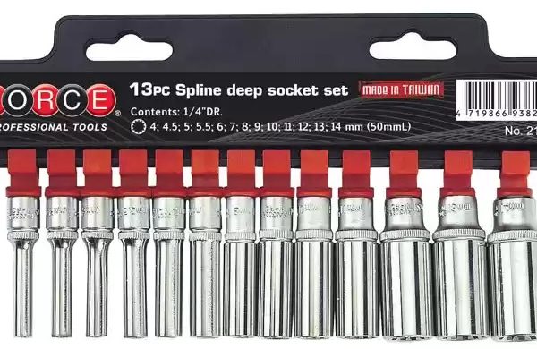 FORCE 13PC 1/4"DR. SPLINE DEEP SOCKET REEL SET 4-14MM (50MML)