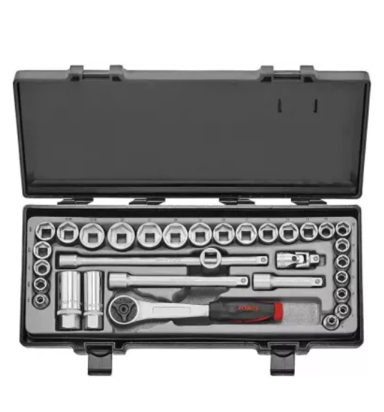FORCE 32PC 3/8"DR. 6PT. FLANK SOCKET COMBINATION SET (6-22MM) (1/4"-13/16") 24TEETH