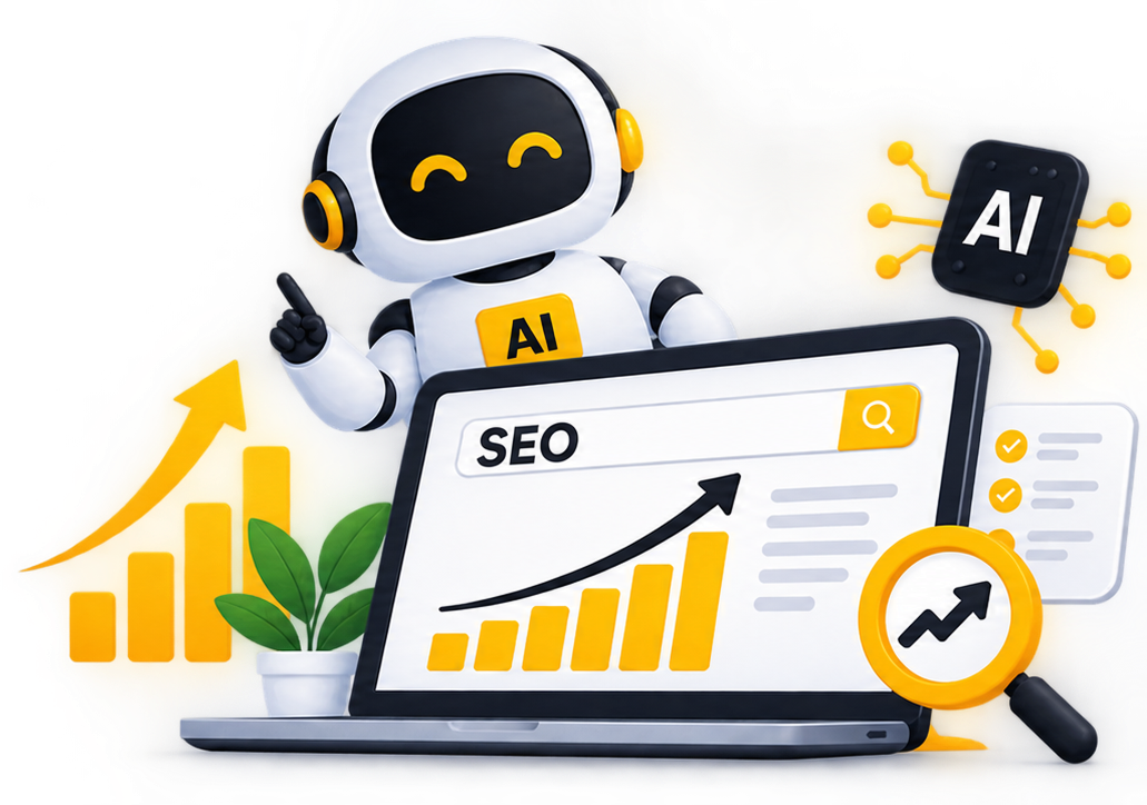 AI SEO growth dashboard showing an AI assistant, rising SEO rankings and search traffic growth